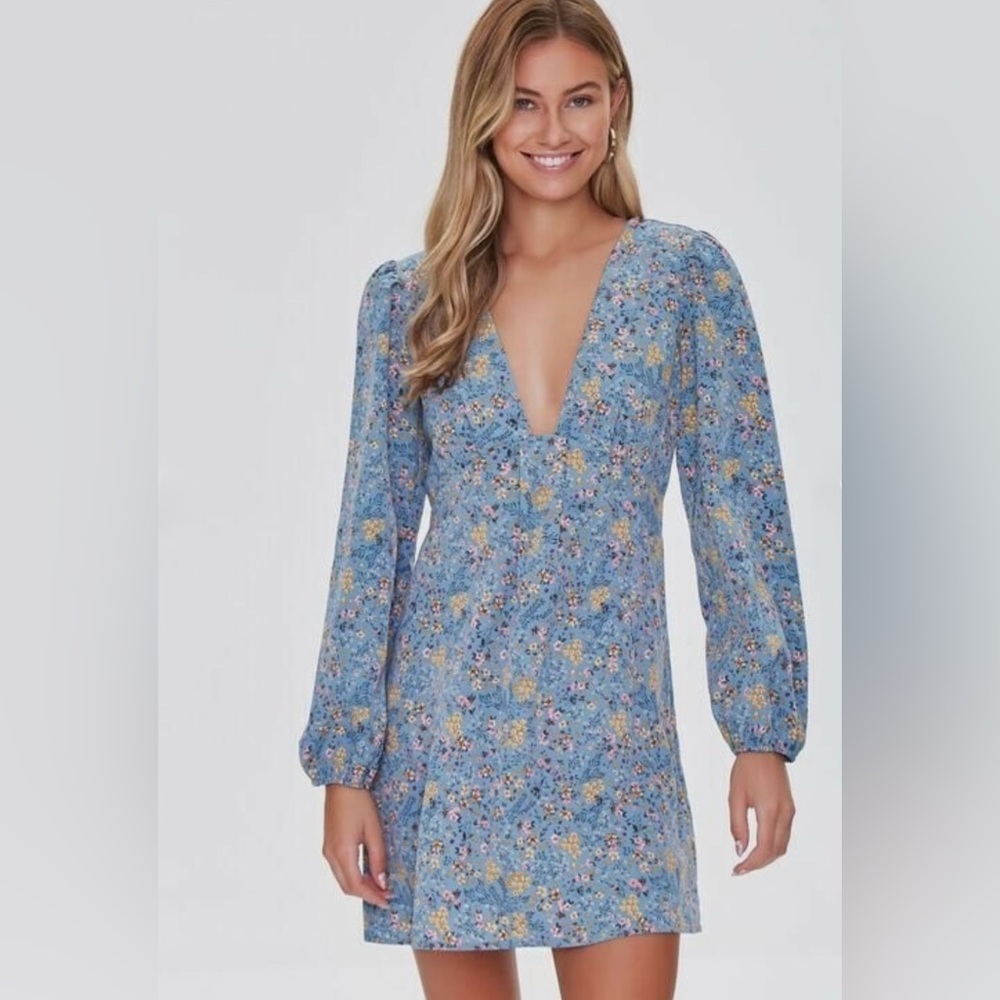 PLUNGE FLORAL LONG SLEEVES MINI DRESS